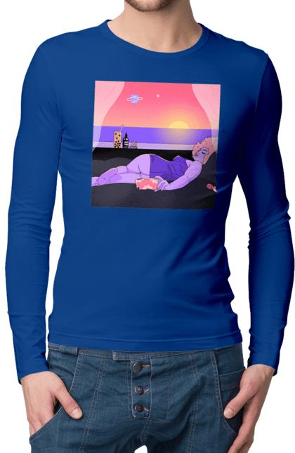 Men`s longsleeve with prints Purple Girl On Vacation. Girl, sunset, telephone. 2070702