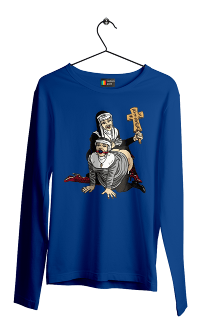 Чоловічий лонгслів з принтом "Монашки БДСМ". Бдсм, крута, модна, молодіжна, плескає по дупі, рок, рольові ігри, черниці бдсм, черницю, черниця. 2070702