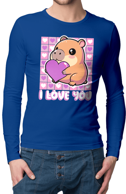 Men`s longsleeve with prints Capybara in love. Capybara, cute animals, hearts, i love you, love, romance, romantic gift, valentine, valentine`s day. 2070702