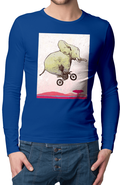 Чоловічий лонгслів з принтом "Слон На Мотоциклі". Мотоцикл, політ, слон. 2070702