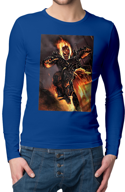 Чоловічий лонгслів з принтом "Пекельний Гонщик". Вогонь, мотоцикл, пекельний гонщик, скелет, чоппер. 2070702