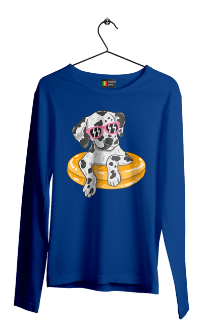Чоловічий лонгслів з принтом "Далматинець Плаває У Колі". Далматинець, окуляри, плавати, собака. 2070702