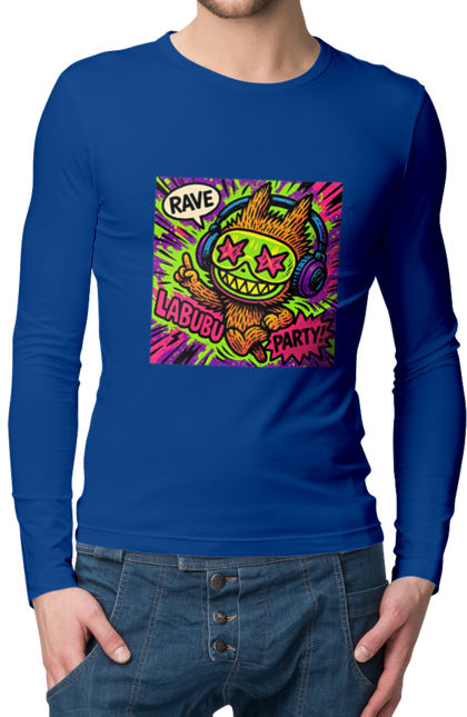 Чоловічий лонгслів з принтом "Лабубу". Вечірка, вуличне мистецтво, графіті, зоряніочі, коміксстиль, лабубу, навушники, неон, попарт, рейв. 2070702