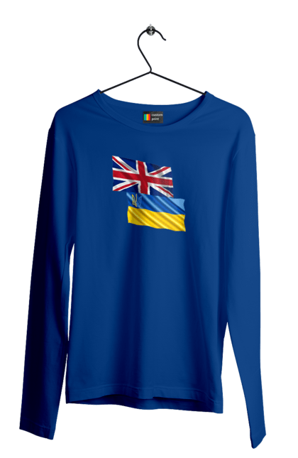 Мужской лонгслив с принтом Флаг Соединенного Королевства, Флаг Украины, Поддержка Украины. Британия, великобритания, война, киев, киев украина, поддержка украины, украина, флаг, флаг соединенного королевства, флаг украины. 2070702