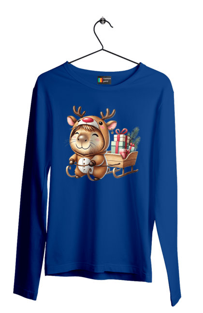 Men's longsleeve with prints Christmas Capybara with a Gift. Animal, capybara, christmas, christmas capybara, gift, holiday, new year, new year`s gift, santa. 2070702