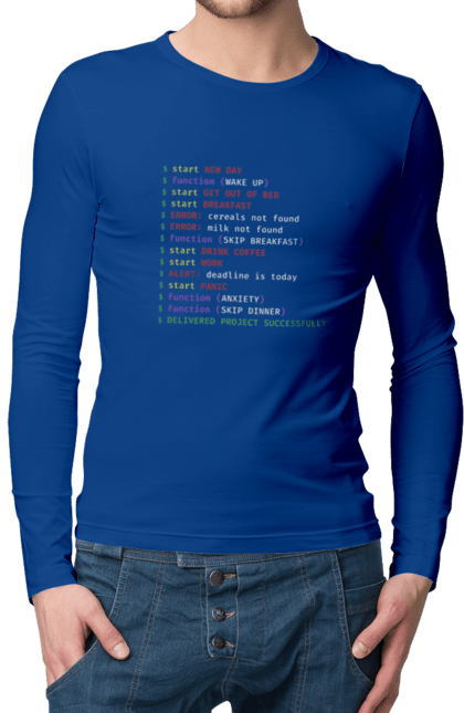 Чоловічій лонгслів з принтом "Життя програміста". Angular, c, css, html, it, javascript, jquery, php, python, react, svelt, vue, айтишник, айті, гумор, код, кодувати, прогер, програміст, програмісти, ти ж, ти ж програміст, тиж програміст. aslan