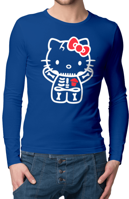 Мужской лонгслив с принтом Хелло Китти Хэллоуин. Halloween, hello kitty, zombie, бренд, зомби, котенок, персонаж, скелет, хелло китти, хэллоуин. 2070702