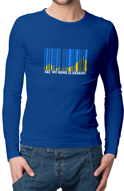 Men`s longsleeve with prints My home is Ukraine. Bar code, blue sky, home, mountains, my country, my house, state mark, ukraine. 2070702