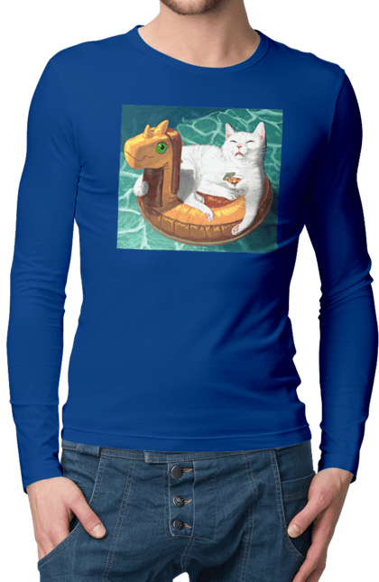 Чоловічий лонгслів з принтом "Білий кіт у плавальному колі, на відпочинку". Басейн, відпочинок, кіт, коктейль, море, плавальний круг. 2070702