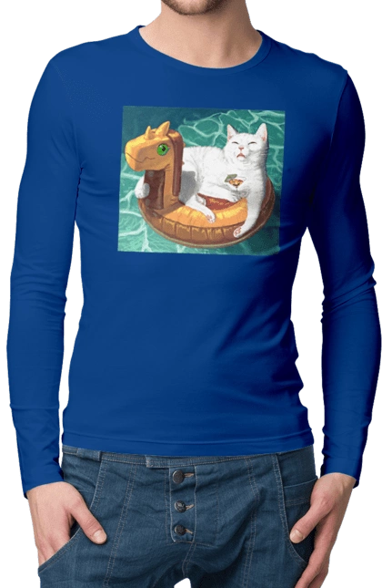 White cat in a swimming circle on vacation