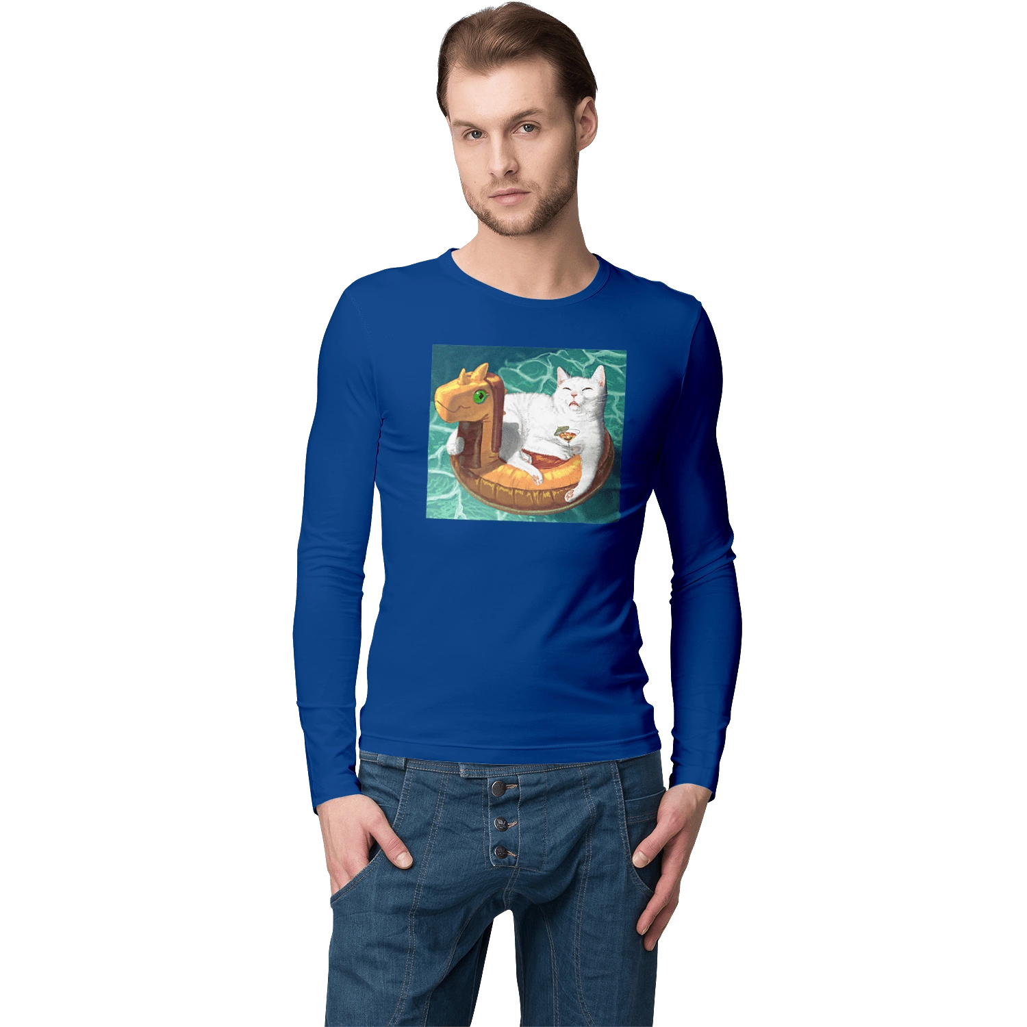 White cat in a swimming circle on vacation