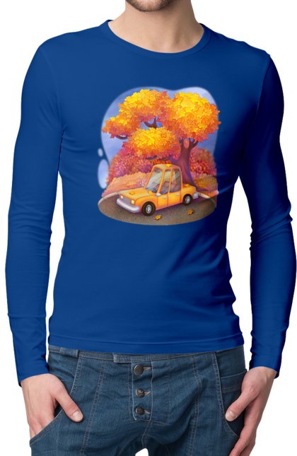 Men`s longsleeve with prints Autumn Car Tree. Autumn, machine, orange, tree, yellow cute illustration. 2070702