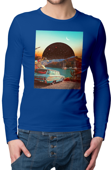 Мужской лонгслив с принтом Картина, машина у речки. Картина, машина, планета, прикол, река, ретро. 2070702