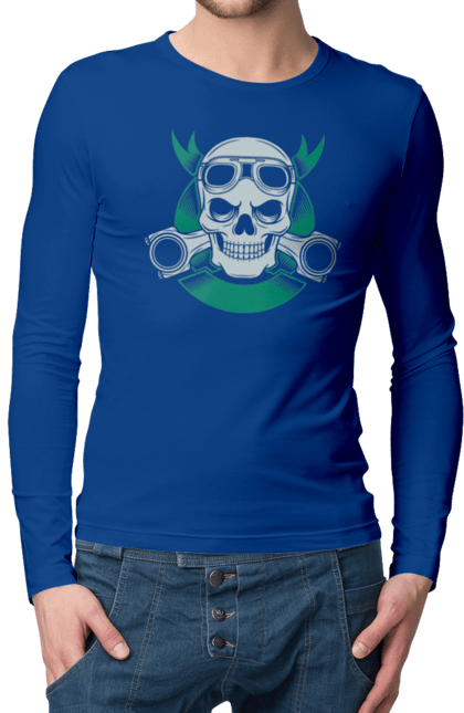 Чоловічий лонгслів з принтом "череп мотолюбитель". Байк, мото, окуляри, череп. 2070702