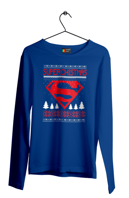 Чоловічій лонгслів з принтом "Новий рік Супермен". Новий рік, різдво, светр з оленями, сніг, супермен, ялинка. CustomPrint.market