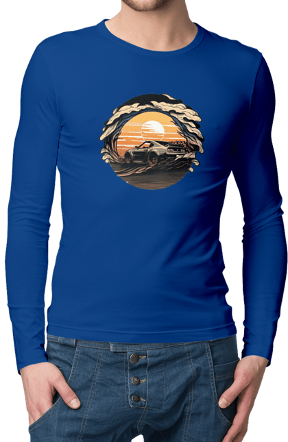 Чоловічий лонгслів з принтом "Додж на заході сонця". Авто, автомобіль, додж, машина, машини. 2070702