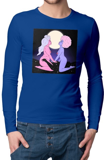 Men`s longsleeve with prints Two Aliens And The Moon. Aliens, from above, girls. 2070702