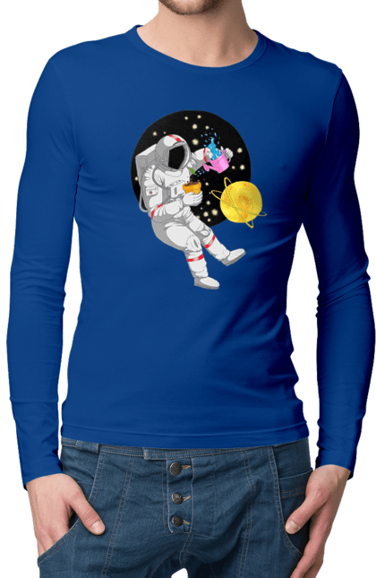Чоловічій лонгслів з принтом "Космонавт у космосі поливає квіти". Агроном, квітка, космонавт, космос, планета. futbolka.stylus.ua