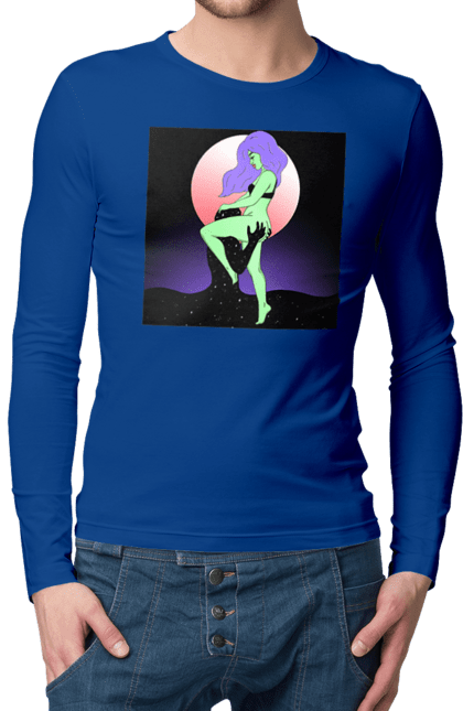 Чоловічий лонгслів з принтом "Зелена Дівчина І Місяць". Інопланетянка, місяць. 2070702