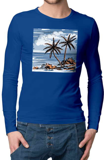 Чоловічий лонгслів з принтом "Пальми І Небо". Море, небо, пальми, хмари. 2070702