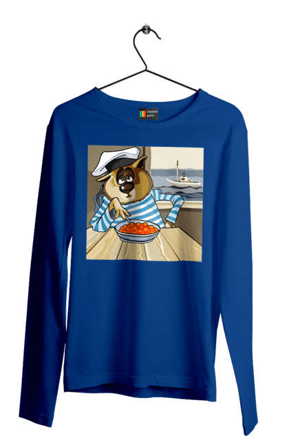 Men`s longsleeve with prints Cat Sailor, On The Ship Eats Red Caviar. Cat, caviar, sailor, ship. 2070702