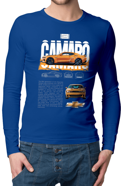 Мужской лонгслив с принтом Chevrolet Camaro. Camaro, chevrolet, chevrolet camaro, авто, автомобиль, камаро, машина, шевроле, шевроле камаро. 2070702