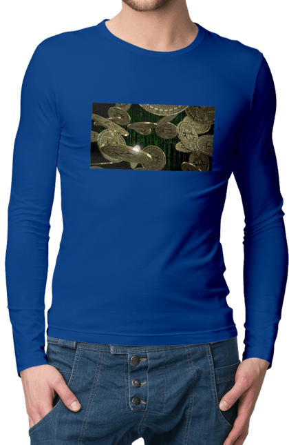 Men`s longsleeve with prints Bitcoin. Bitcoin, coin, cryptocurrency, currency, digital world, luxury, matrix, mining, money, wealth, well. 2070702