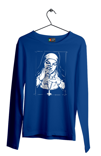 Men`s longsleeve with prints The nun sniffs the powder. Cool, cross, fashionable, nun, popular. 2070702