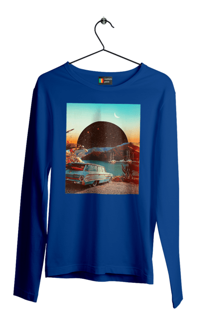 Мужской лонгслив с принтом Картина, машина у речки. Картина, машина, планета, прикол, река, ретро. 2070702