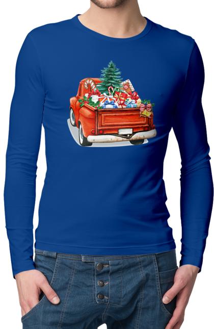 Men`s longsleeve with prints Car with gifts. Car, christmas, new year, presents, santa, tree. 2070702