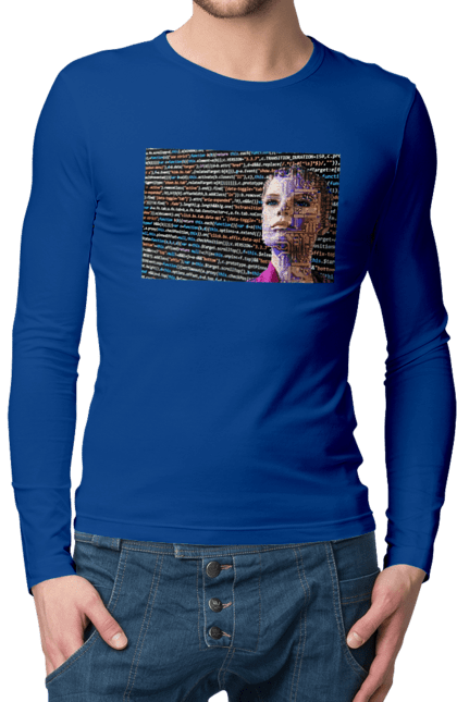 Чоловічий лонгслів з принтом "Штучний Розум". Айті, айтішник, гик, жінка, знання, інженер, інтелект, кібер, кібернетика, кіборг, код, комп, комп`ютерник, кристал, машинне навчання, мікросхема, мозок, портрет, програміст, професіонал, професія, розробник, розум, світиться, світло, хакер, чіп, штучний інтелект, штучний розум. 2070702