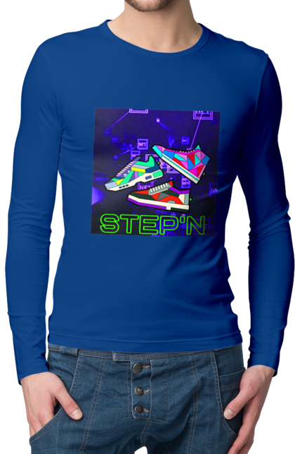 Чоловічий лонгслів з принтом "Step`n". Віртуальні кросівки, крипта, криптовалюти, нфт, нфт кросівки, солана, степен. 2070702