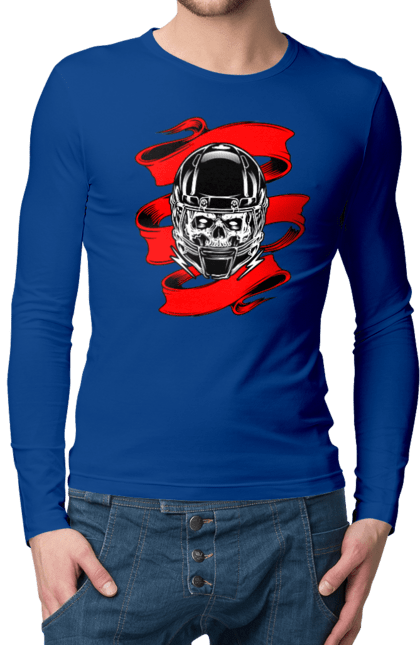 Чоловічий лонгслів з принтом "Череп в мотошоломі". Мото, стрічка, череп, шолом. 2070702