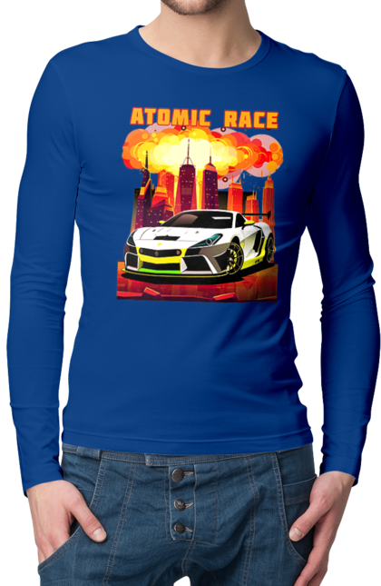 Men`s longsleeve with prints Atomic race. Atomic race, automobile, car, race, racing cars, sport car, sports car. 2070702