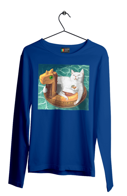 Чоловічий лонгслів з принтом "Білий кіт у плавальному колі, на відпочинку". Басейн, відпочинок, кіт, коктейль, море, плавальний круг. 2070702