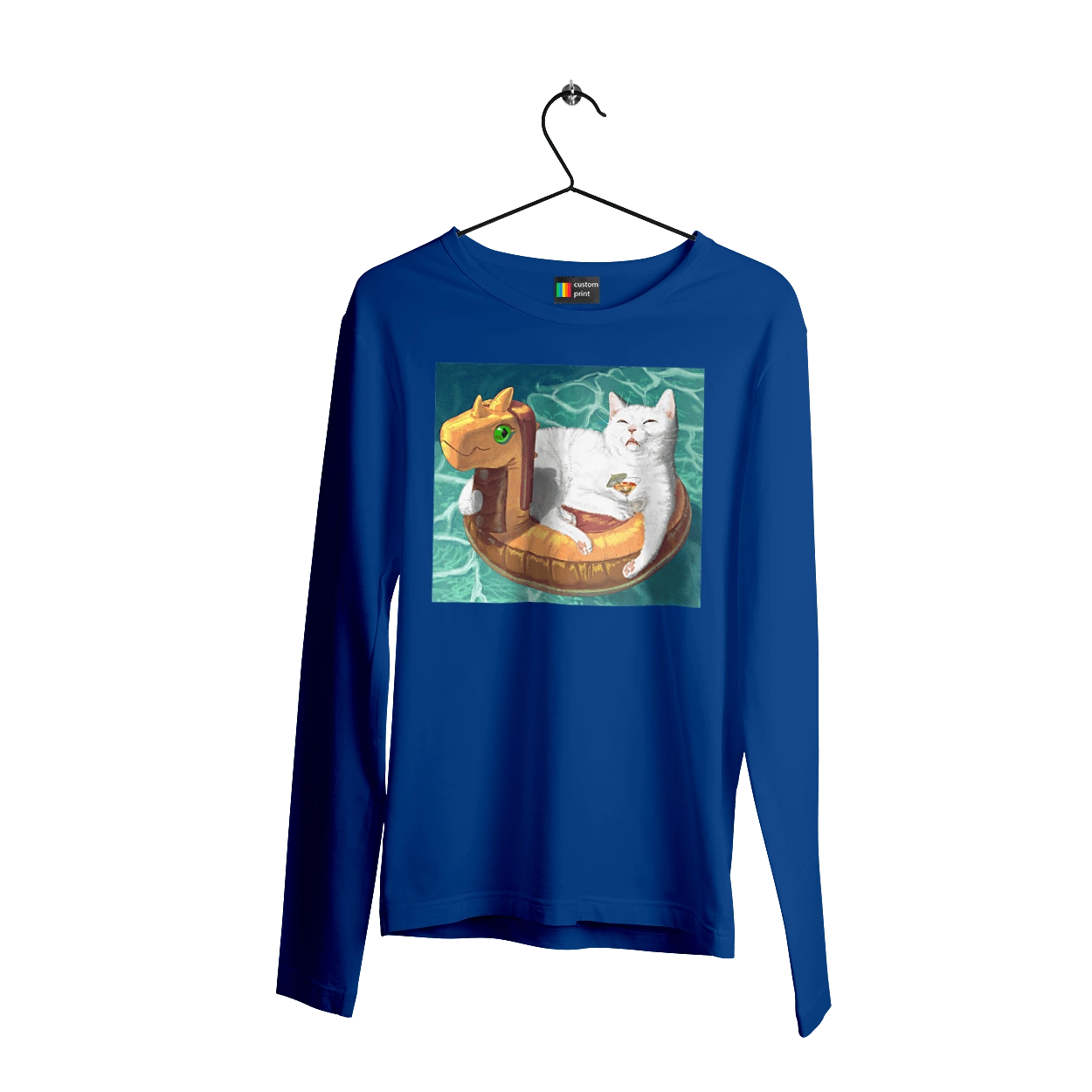 White cat in a swimming circle on vacation