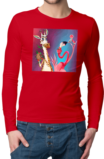 Чоловічий лонгслів з принтом "Жираф І Фламінго На Вечірці". Жираф, їжа, коктейль, фламінго. 2070702