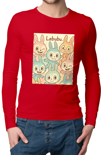 Чоловічий лонгслів з принтом "Лабубу". Безтурботно, грайливо, дизайнперсонажу, каваї, лабубу, милі мистецтво, ніжні відтінки, пастельніквіти, стиль мультфільму, чарівно. 2070702