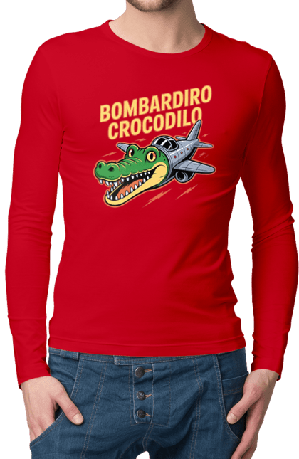 Чоловічий лонгслів з принтом "Bombardino Crocodilo". Bombardino, bombardino crocodilo, crocodilo, бомбардиро крокодило, бомбардіно крокоділо, крокодил, крокодил літак, крокодил мем, мем бомбардине крокодило, меми. 2070702