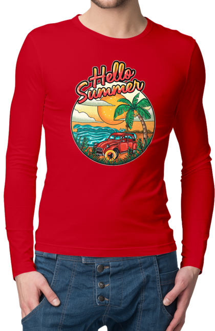 Чоловічий лонгслів з принтом "Привіт Літо, Машина Біля Моря". Літо, машина, острів, пальма, пляж. 2070702