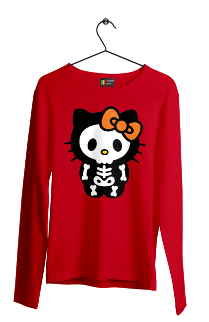 Чоловічій лонгслів з принтом "Хелло Кітті Хелловін". Halloween, hello kitty, zombie, бренд, зомбі, кошеня, персонаж, скелет, хелло кітті, хелловін. 2070702