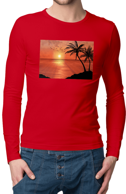 Men`s longsleeve with prints West Palm Sea. Palm trees, sea, shore. 2070702