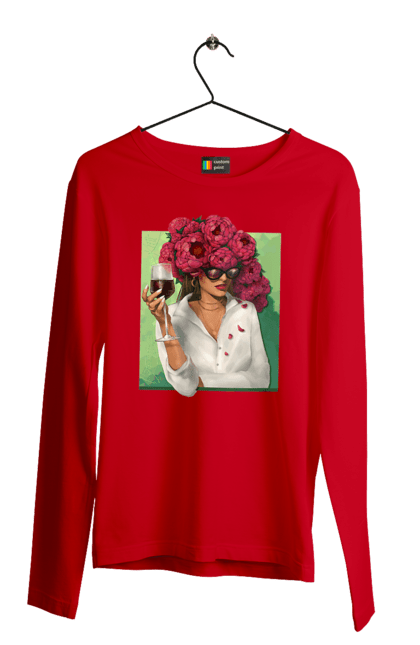 Men`s longsleeve with prints Girl with peonies and a glass. Flower, girl, glasses, goblet, peonies, shirt, summer, wine. 2070702