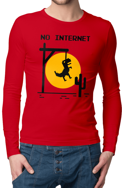 Мужской лонгслив с принтом Нет интернета. No internet, айти, без интернета, динозавр повесился, мем, нет интернета, но интернет, прикол, смешная, юмор. 2070702