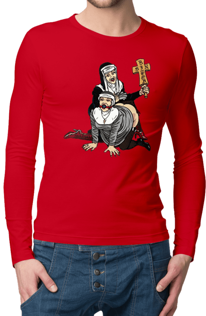 Чоловічий лонгслів з принтом "Монашки БДСМ". Бдсм, крута, модна, молодіжна, плескає по дупі, рок, рольові ігри, черниці бдсм, черницю, черниця. 2070702