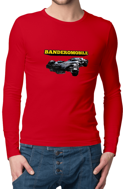 Чоловічий лонгслів з принтом "Бандеромобіль". Бандера, бандеромобіль, бетмобіль, військова техніка, зсу, супер автомобіль. 2070702