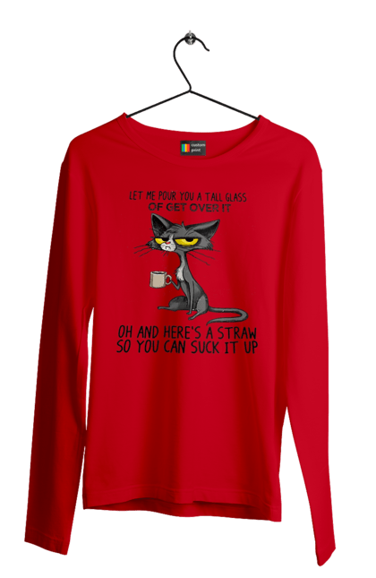 Men`s longsleeve with prints How to survive it?. Cat and mug, drink, everything is fine, go fuck yourself, large glass, meditation, pour, suck. 2070702