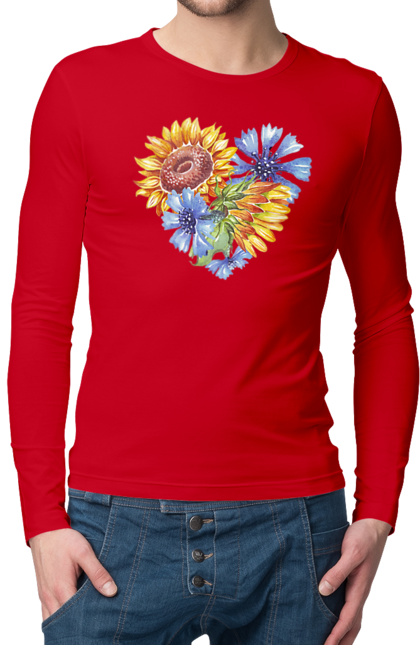 Мужской лонгслив с принтом Сердце подсолнухов и фиалок. Люблю украину, любовь, подсолнечник, сердце, украина, фиалки, цветы. 2070702