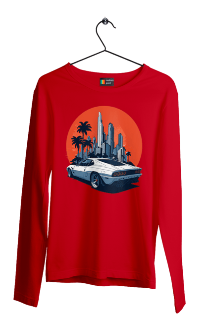 Чоловічий лонгслів з принтом "Авто". Гонка, захід сонця, спортивний автомобіль, швидкість. 2070702