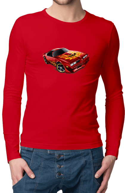 Чоловічий лонгслів з принтом "Машина червона, швидкісна". Їзда, колеса, машина, швидкість. 2070702
